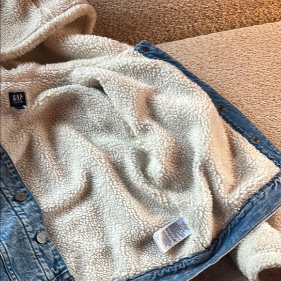 GAP Blue and White Jean Jacket with Cozy Fleece Sleeves - Picture 3 of 16